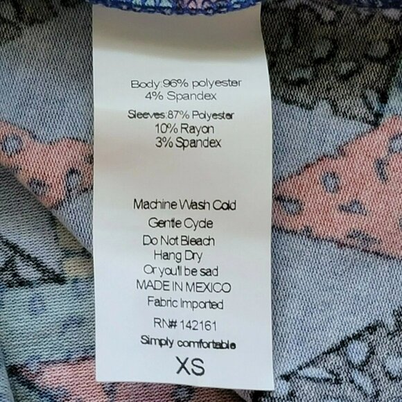 Lularoe Randy Raglan Shirt Womens Sz XS Blue Gray Geometric Knit Tshirt Top‎ - Picture 7 of 7